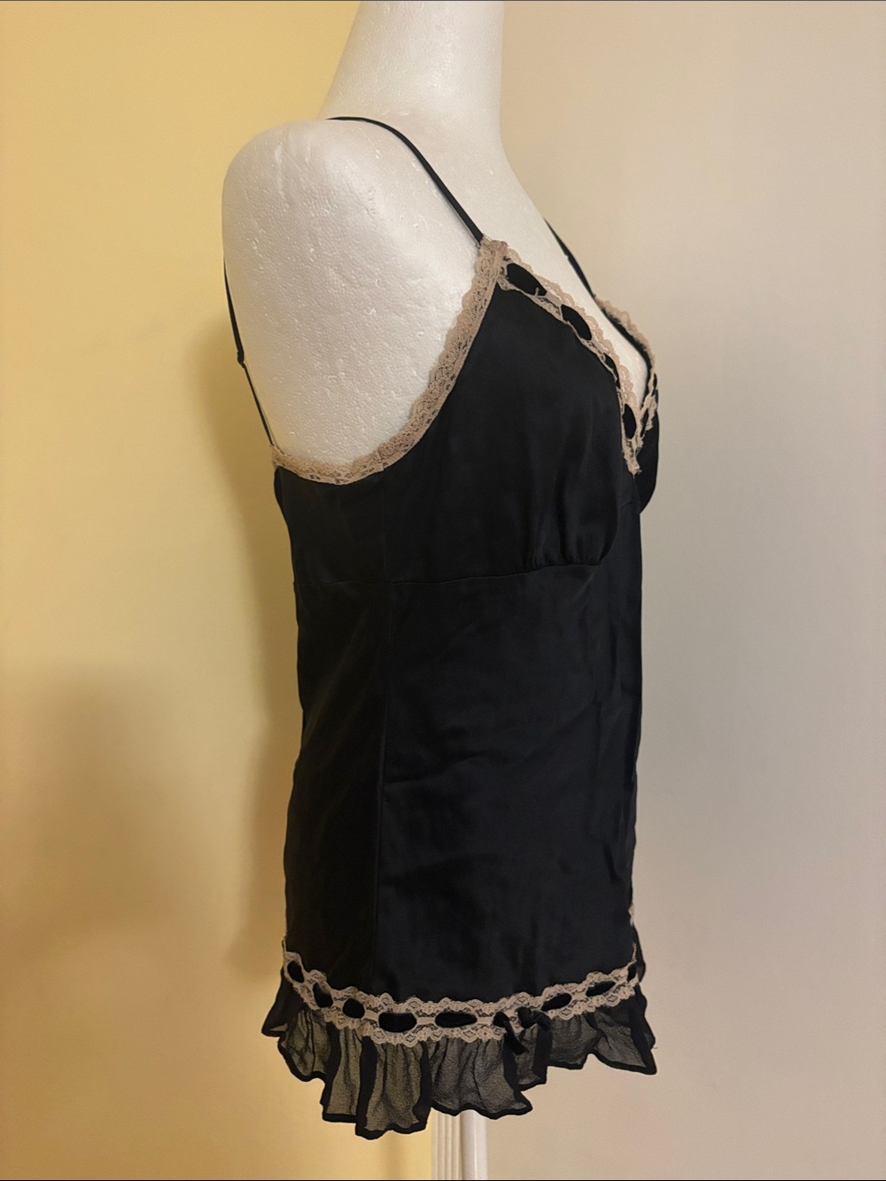 Gold Hawk Black 109% Silk Chemise with Cream Lace Trim Sz L - Women's Intimates - Picture 4 of 5